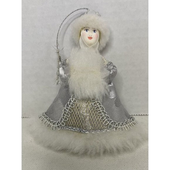 Unbranded Other - White & Silver Doll Christmas Tree Ornament White Faux Fur Muff & Hat